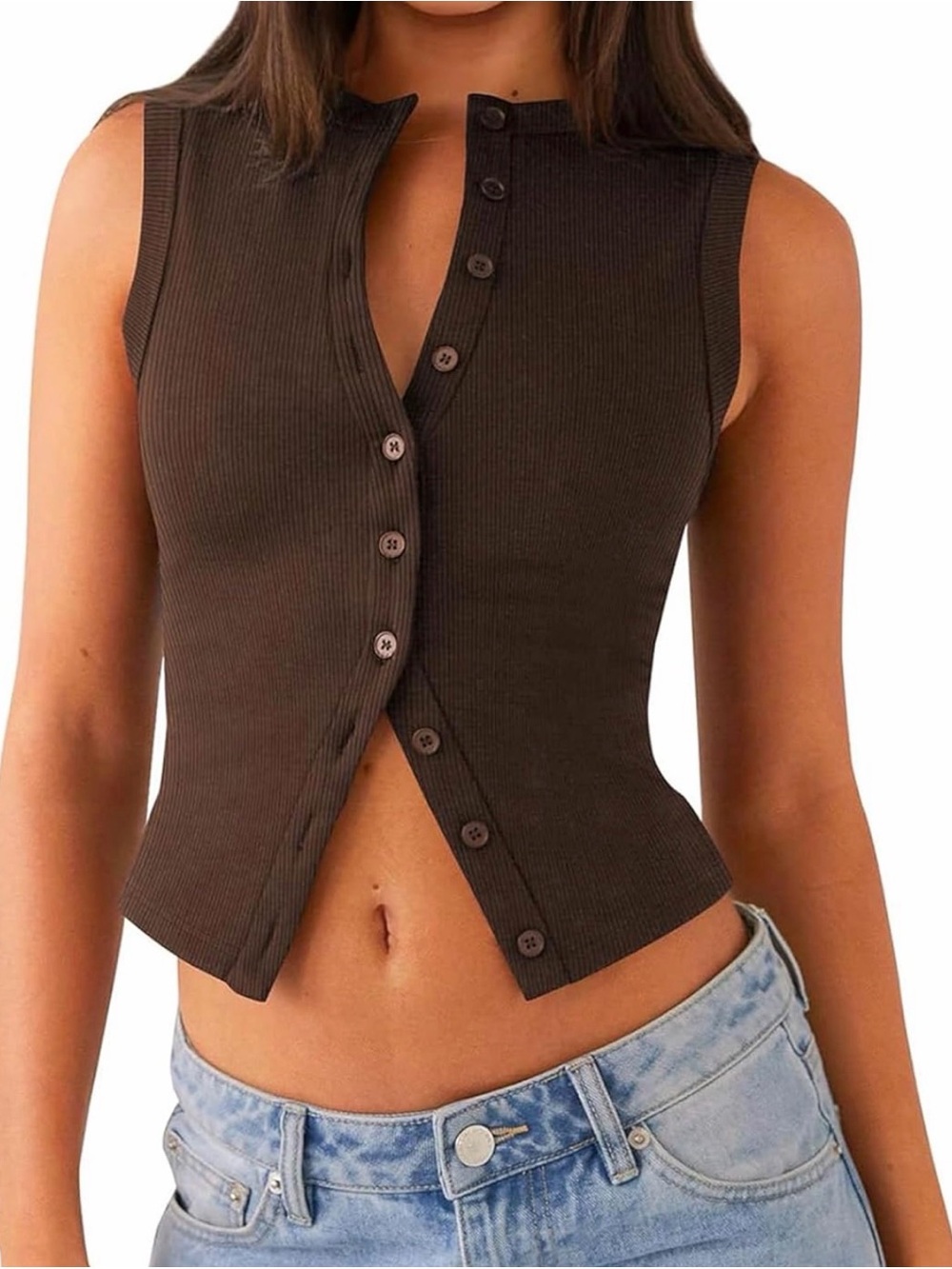 Sleeveless Ribbed Button-Front Crop Top